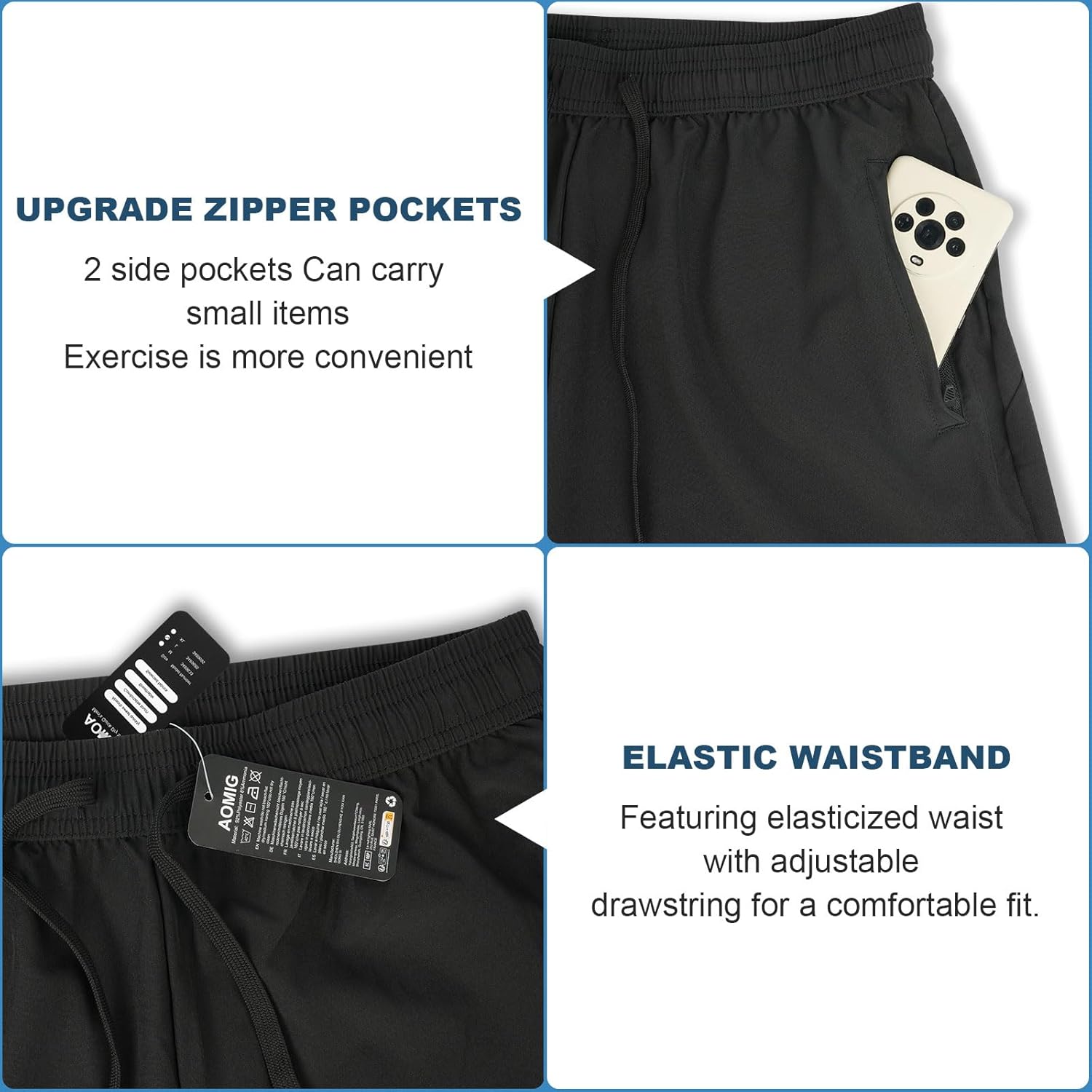 Aomig Men's Shorts, Black Short Sports Trousers, M... - Afbeelding 5