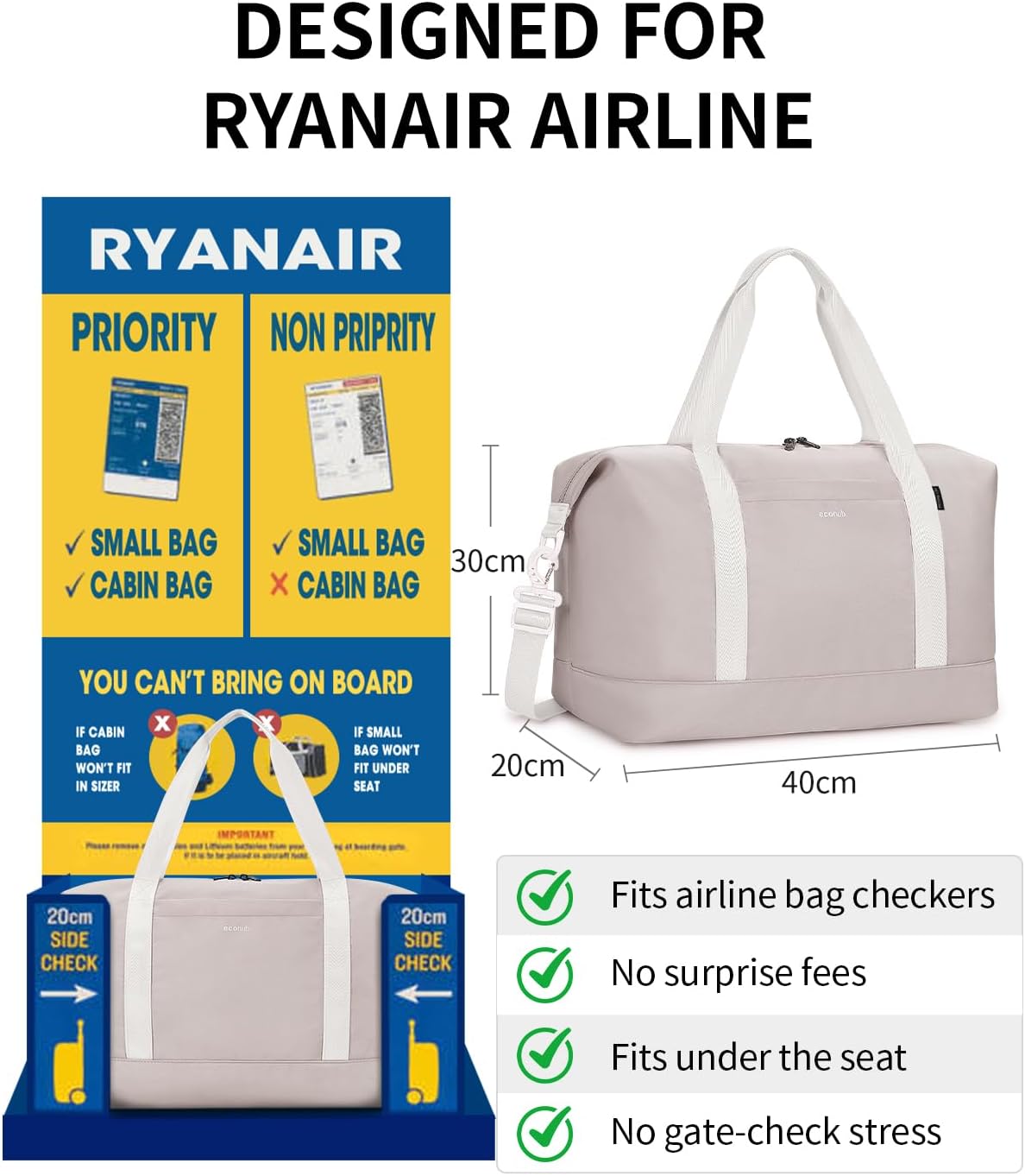 ECOHUB 20L Ryanair Hand Luggage 40 x 20 x 25 cm, H... - Afbeelding 3