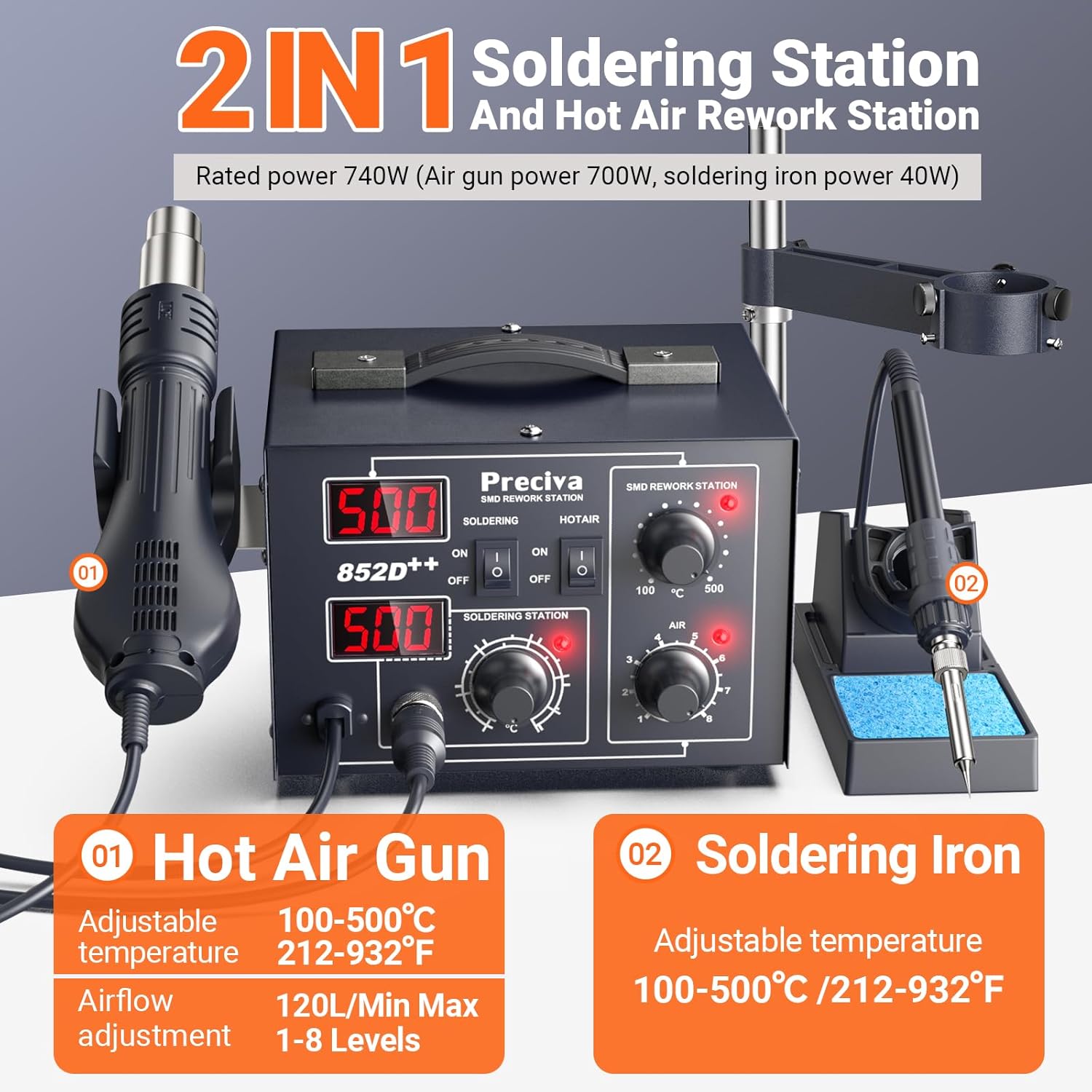 Hot Air Soldering Station, Preciva 852D++ Digital ... - Afbeelding 3