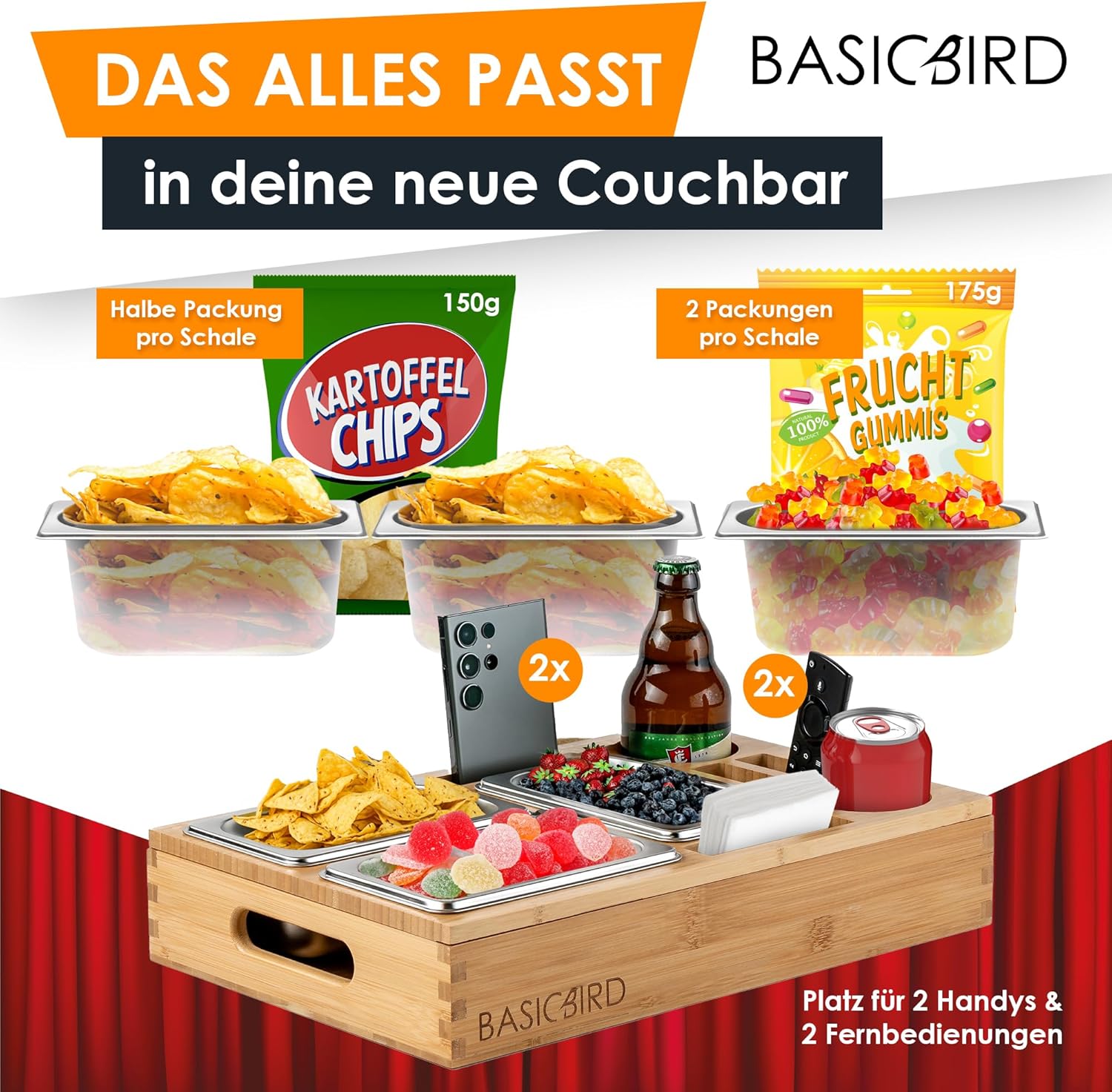 BASICBIRD Couch Bar Snack Box with 3 x Snack Bowls... - Afbeelding 4